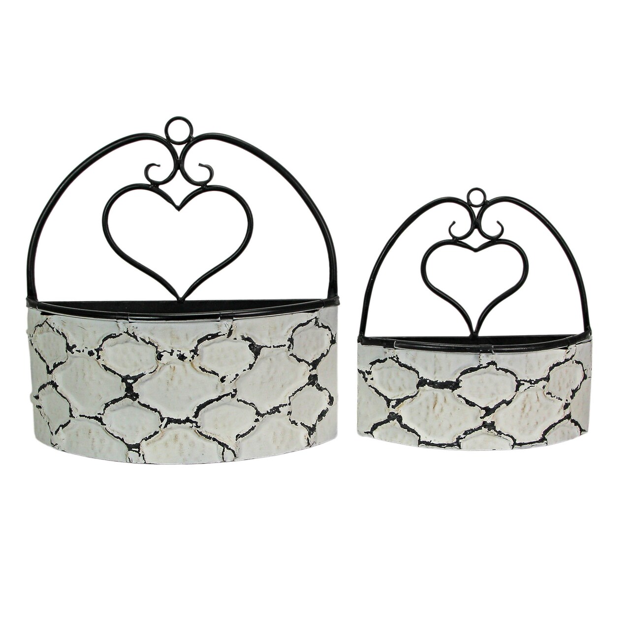Large & Small Galvanized Metal Rustic White Wall Pocket Planters Heart Set /2